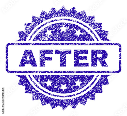 AFTER stamp imprint with corroded style. Blue vector rubber seal print of AFTER title with corroded texture.