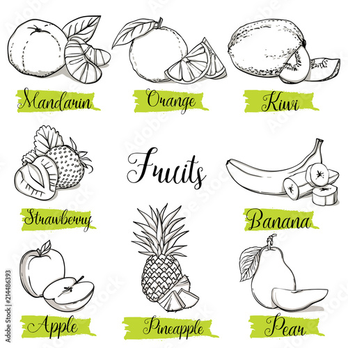 Hand drawn sketch style fruits and berries. Mandarin, orange, kiwi, strawberry, banana, apple, pineapple and pear. Organic fruit with leaf, vector doodle illustrations collection isolated.