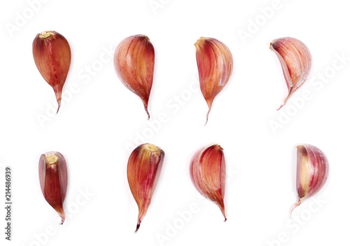 Set garlic isolated on white background, top view