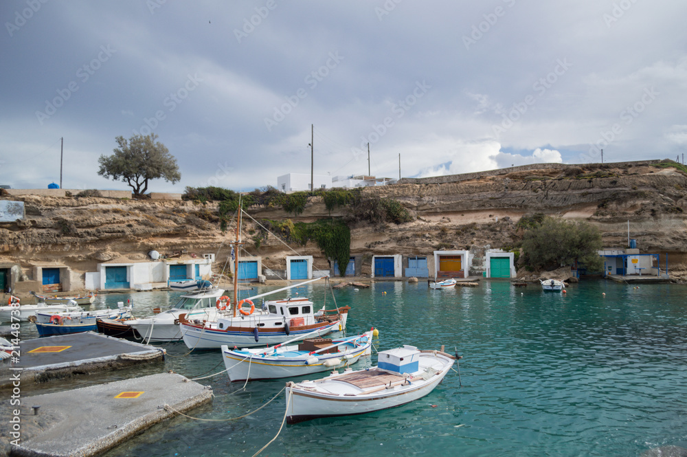 Bay of Mandrakia with Traditional Greek Fishermen Garages and Boats in Milos, Cyclades, Greece