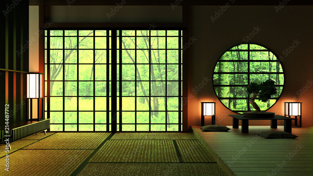 Fototapeta Japan Room Design w japońskim stylu. Renderowanie 3D