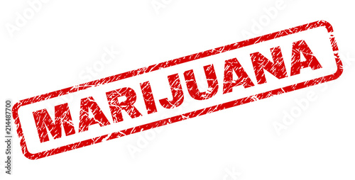 MARIJUANA stamp seal print with distress style. Red vector rubber print of MARIJUANA text with dust texture. Text tag is placed inside rounded rectangle frame.