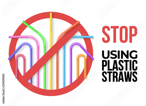 Poster with colorful plastic drinking straws. Stop using plastic straws. Realisic vector illustration. Eco zero waste lifestyle