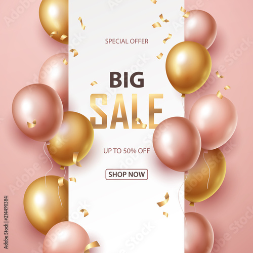 Sale banner with black and gold floating balloons. Vector illustration.