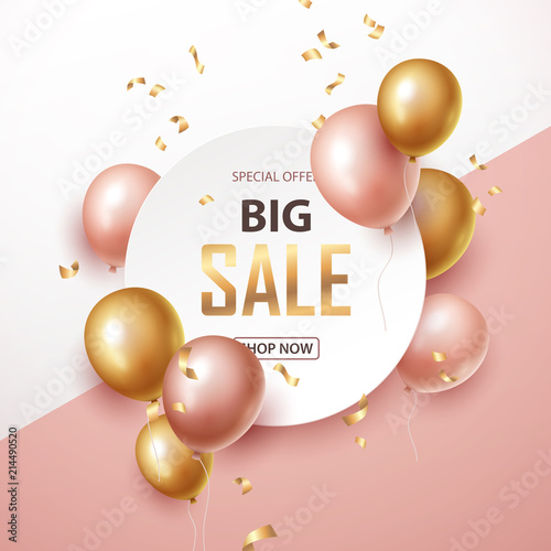 Sale banner with black and gold floating balloons. Vector illustration.