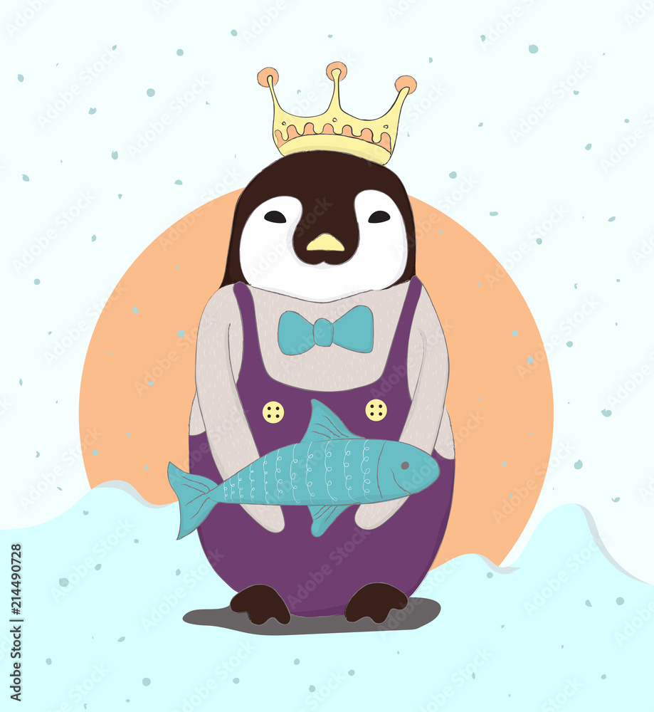Cute queen penguin cartoon with fish. Hand drawn style Stock Vector | Adobe  Stock