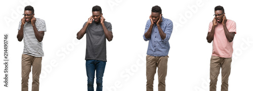 Collage of african american man wearing different outfits covering ears with fingers with annoyed expression for the noise of loud music. Deaf concept.