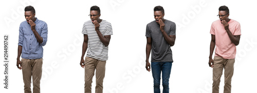 Collage of african american man wearing different outfits touching mouth with hand with painful expression because of toothache or dental illness on teeth. Dentist concept.