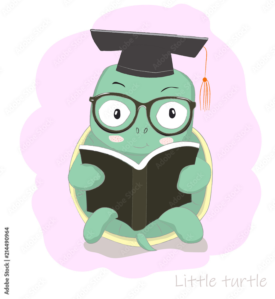 Fototapeta premium Cute cartoon clever little turtle reading book. Hand drawn style
