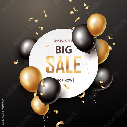 Sale banner with black and gold floating balloons. Vector illustration.