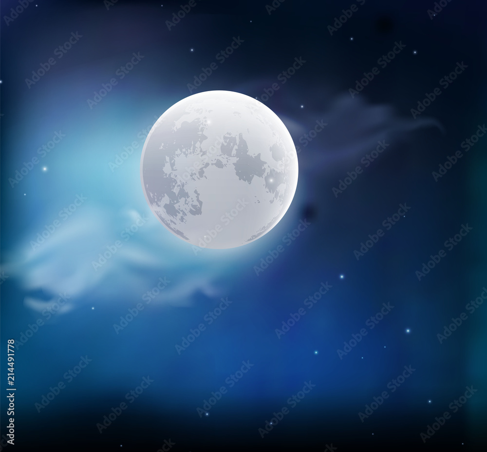 Obraz premium Moon in the sky with clouds. Night landscape. Vector