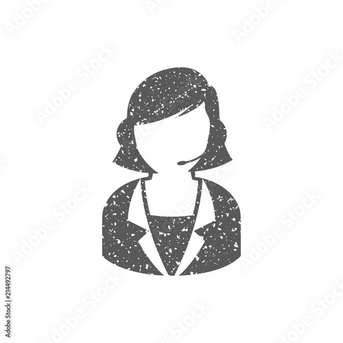 Female receptionist icon in grunge texture. Vintage style vector illustration.