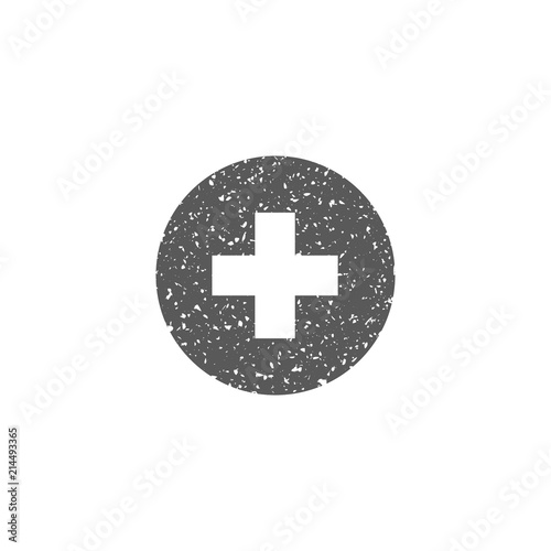 Plus sign icon in grunge texture. Vintage style vector illustration.