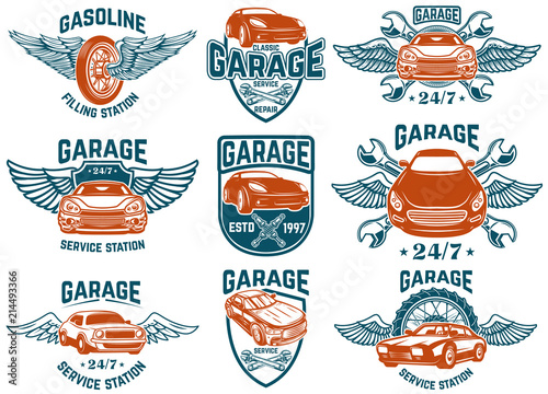 Car repair, garage, auto service emblems. Design elements for logo, label, sign.