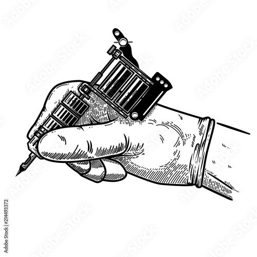 Hand with tattoo machine. Design element for poster, card, t shirt, emblem, sign.
