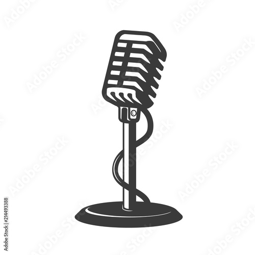Retro style microphone isolated on white background. Design element for badge, poster, card.