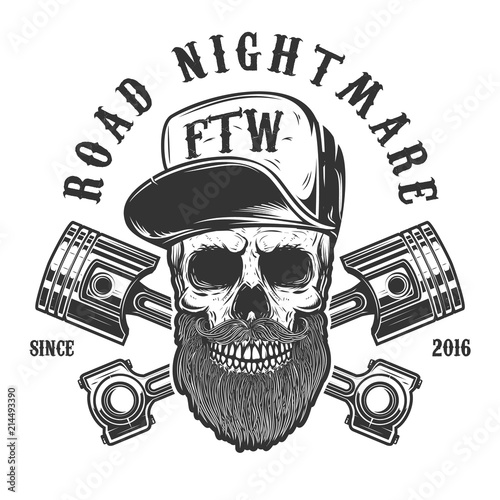  Road nightmare. Hipster skull in baseball cap with crossed pistons. Design element for logo, label, emblem, sign, poster, t shirt.