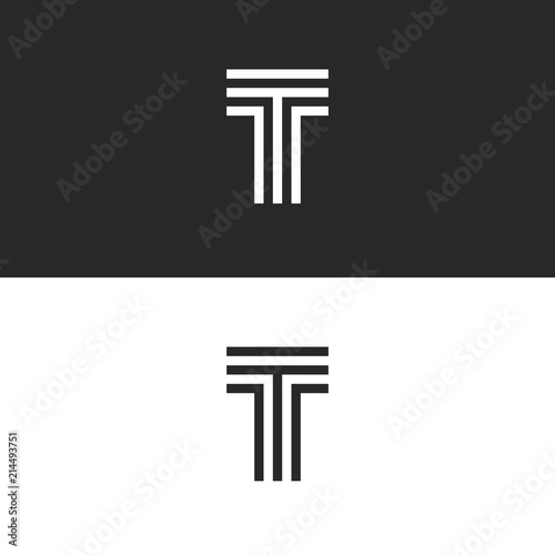 Simplest logo T letter monogram, capital letter initial linear minimal style typography design element, black and white parallel lines creative mark