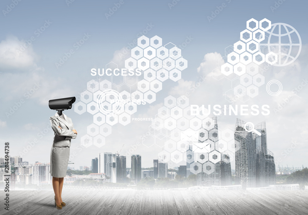 Concept of security and privacy protection with camera headed woman