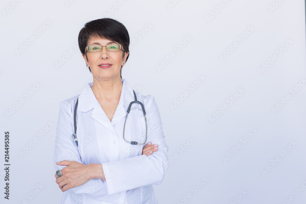 Doctor woman smile face with stethoscope over white background Doctor woman smile face with stethoscope over white background