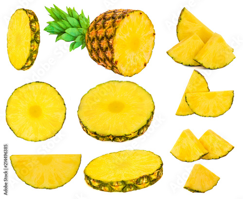 Pineapple fruit collection with fresh slices. Ananas  pieces  isolated on white background. Tropical fruits Set