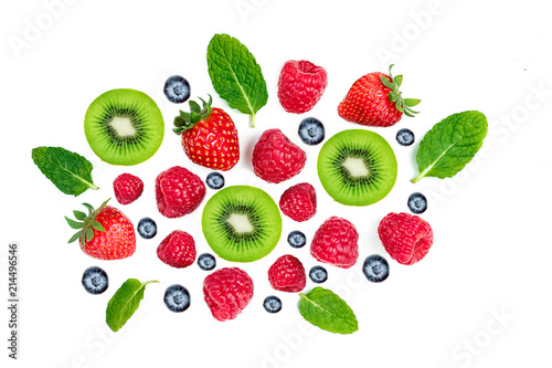 Fototapeta Naklejka Na Ścianę i Meble -  Fresh berries and kiwi fruits isolated on white background, top view. Mixed collection. Strawberry, Raspberry, Blueberry and Mint leaf, flat lay