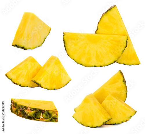 Pineapple fruit collection with fresh slices. Ananas pieces isolated on white background. Tropical fruits Set