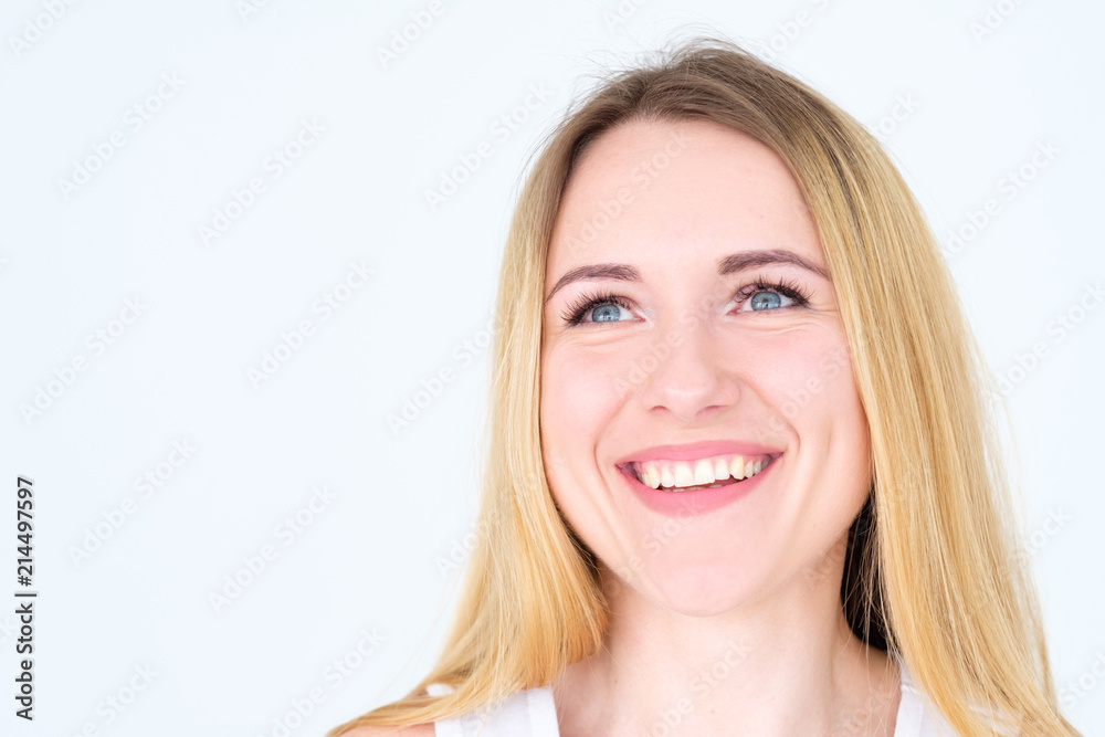 emotion face. happy smiling cheerful delighted woman young beautiful blond girl portrait on white background. emotion face. happy smiling cheerful delighted woman young beautiful blond girl portrait on white background.