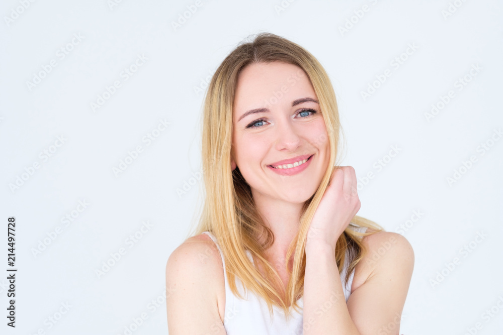 emotion face. happy pretty smiling calm content woman young beautiful blond girl portrait on white background. emotion face. happy pretty smiling calm content woman young beautiful blond girl portrait on white background.