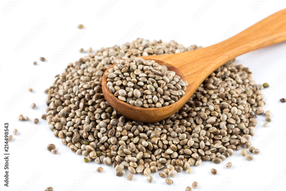 Cannabis Hemp seeds in spoon on white Cannabis Hemp seeds in spoon on white