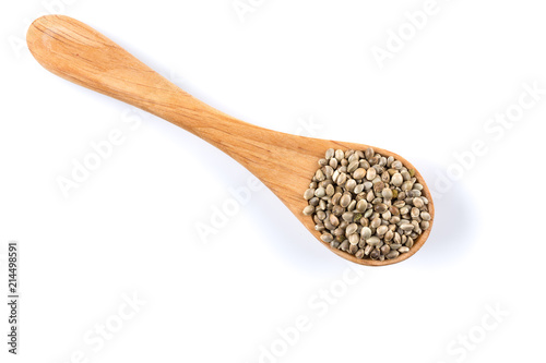 Cannabis Hemp seeds in spoon on white