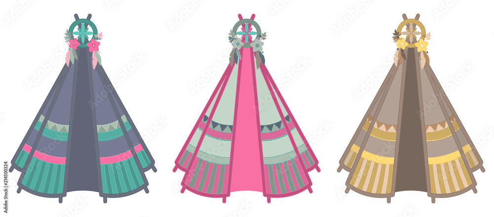 Set of three multicolored teepee illustrations isolated on white background Set of three multicolored teepee illustrations isolated on white background