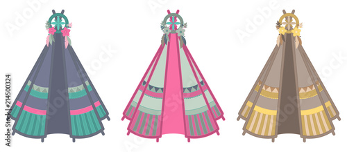 Set of three multicolored teepee illustrations isolated on white background