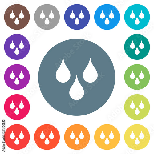 Water drops flat white icons on round color backgrounds