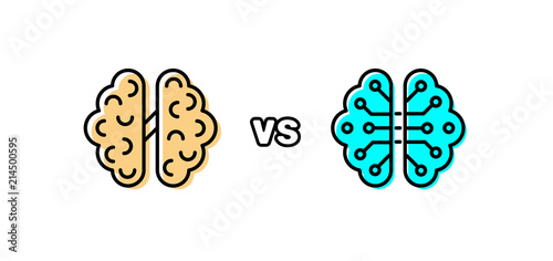Humans vs Robots. AI artificial intelligence and human intelligence. Human anatomical brain with electronics technology elements.
