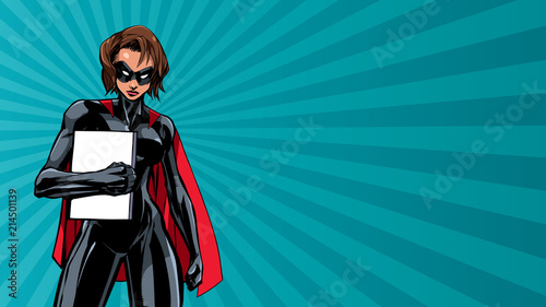 Illustration of powerful superheroine holding book, magazine or comics. You can use the copy space on the cover as you wish.  