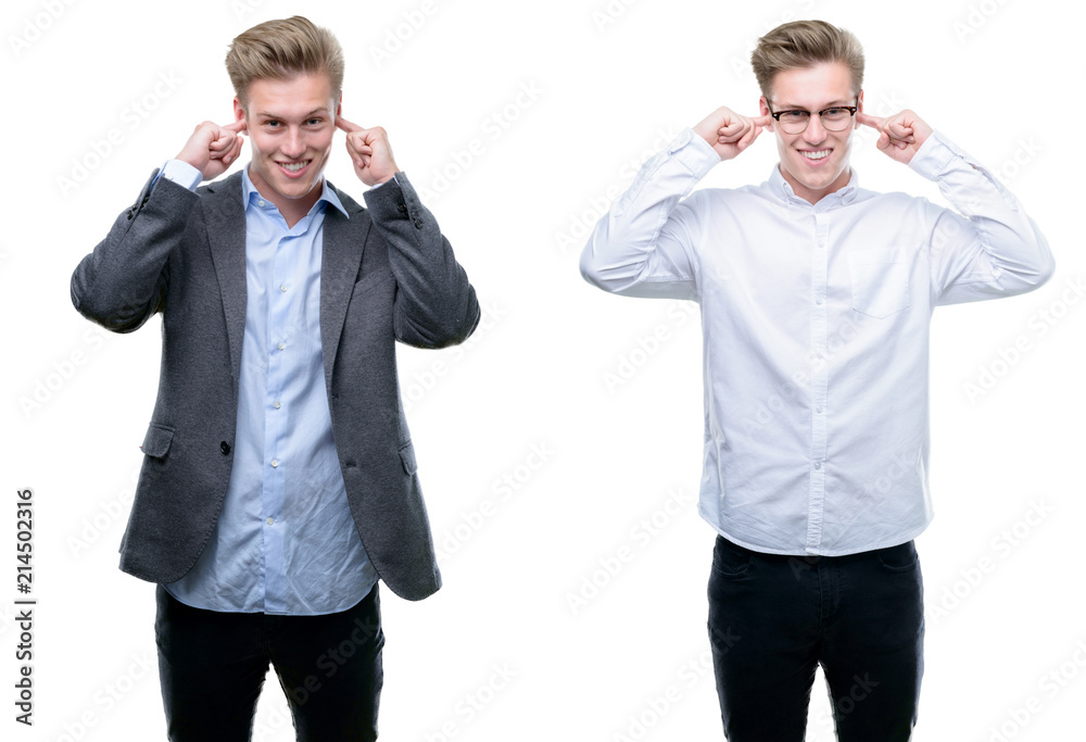 Young handsome blond business man wearing different outfits covering ears with fingers with annoyed expression for the noise of loud music. Deaf concept. Young handsome blond business man wearing different outfits covering ears with fingers with annoyed expression for the noise of loud music. Deaf concept.