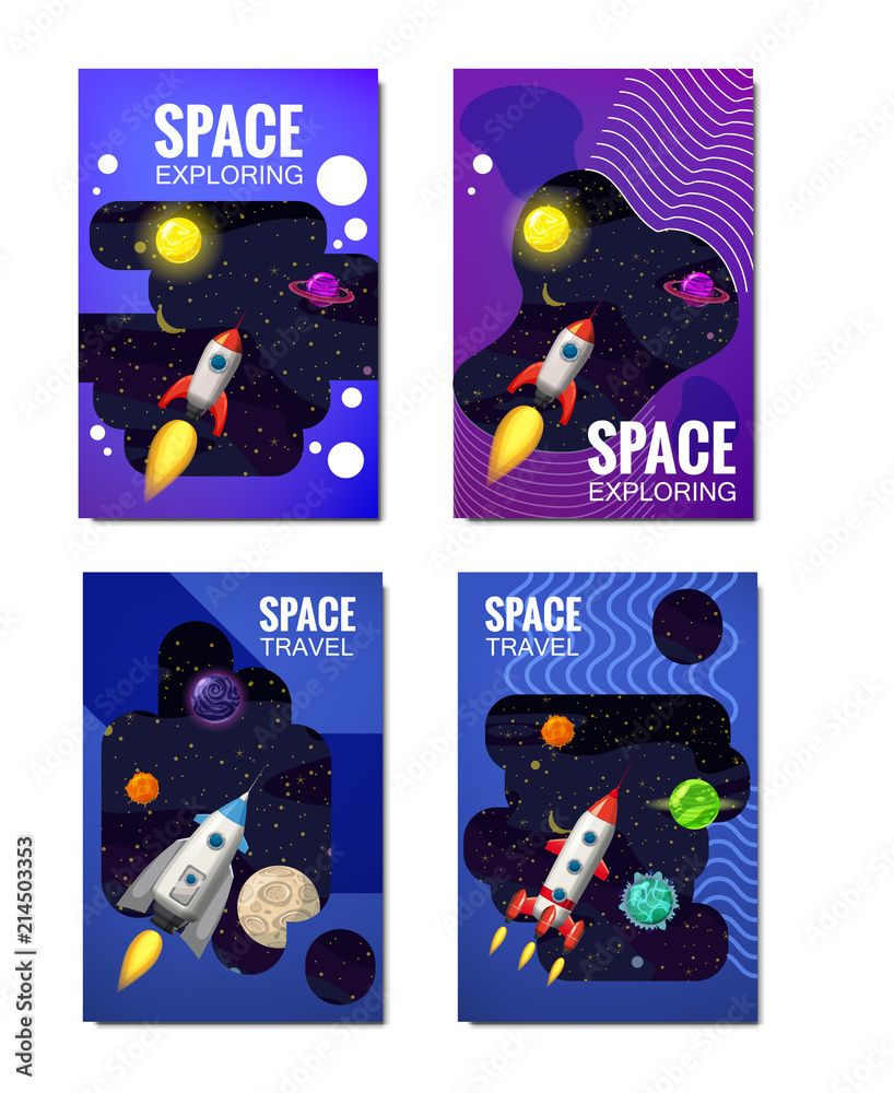 Set of space Template , space travel, exploration of the universe, other planets, flying rockets, stars of distant galaxies, vector, banner, illustration, isolated. Template of flyear, magazines