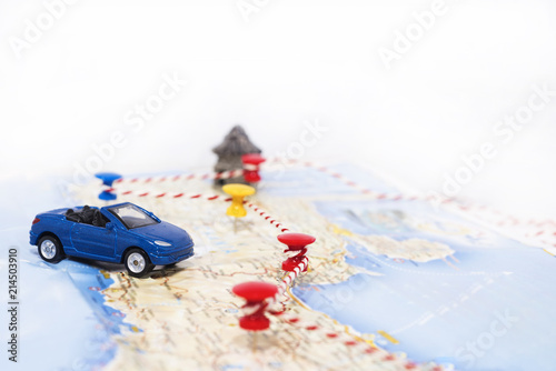 Abstract idea of rent a car. Small car on map.