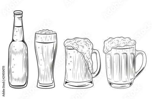 Beer bottle and glasses. Vector illustration isolated on white background. Hand drawn.