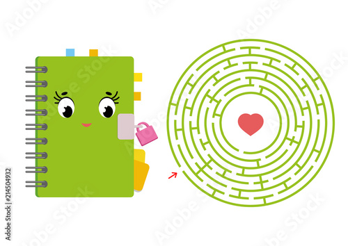 Round maze with a cartoon character. Cute notepad with a lock. An interesting and developing game for children. Simple flat isolated vector illustration