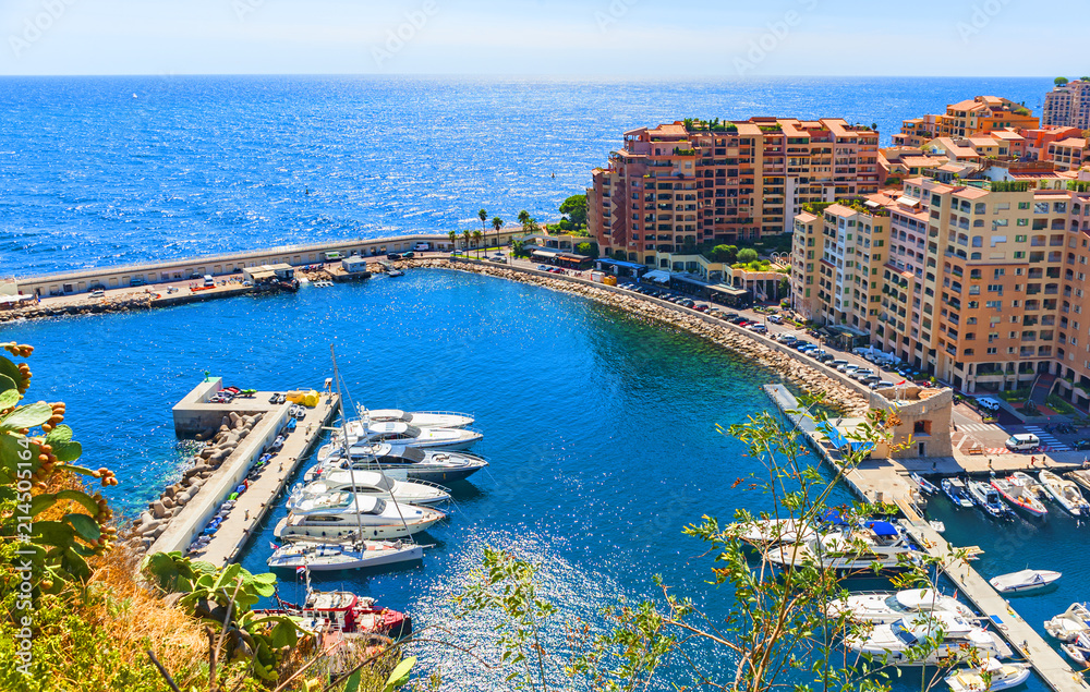View of Marina with docked boats in Monaco city, Monaco