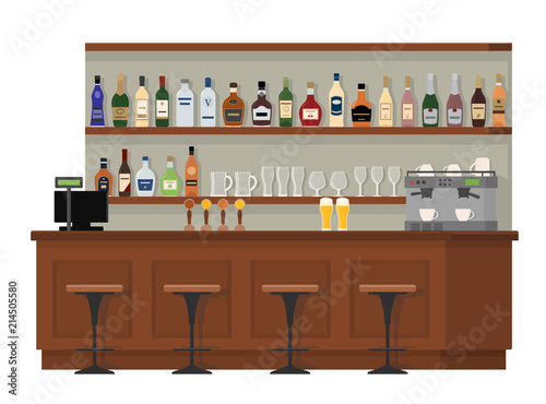 Empty wooden bar counter. Shelves with alcohol bottles. Flat vector isolated illustration on white background.
