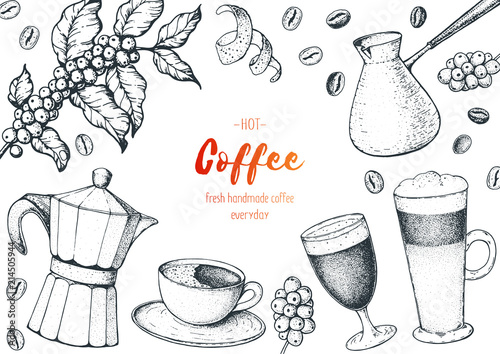 Coffee cups, beans and coffee tree illustration. Vintage design for coffee shop. Engraved vector illustration.