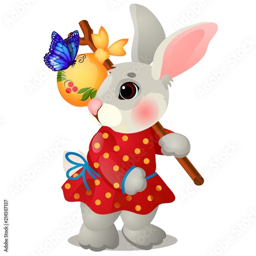 Animated hare with a bag and clothes isolated on white background. The character of Russian folk tales. Vector cartoon close-up illustration.