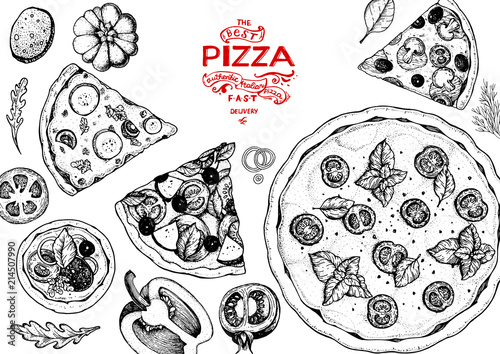 Italian pizza and ingredients top view frame. Italian food menu design template. Vintage hand drawn sketch, vector illustration. Engraved style illustration. Pizza label for menu.
