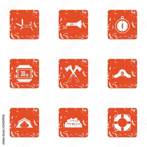 Tour hike icons set. Grunge set of 9 tour hike vector icons for web isolated on white background