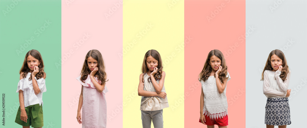 Obraz premium Collage of brunette hispanic girl wearing different outfits touching mouth with hand with painful expression because of toothache or dental illness on teeth. Dentist concept.