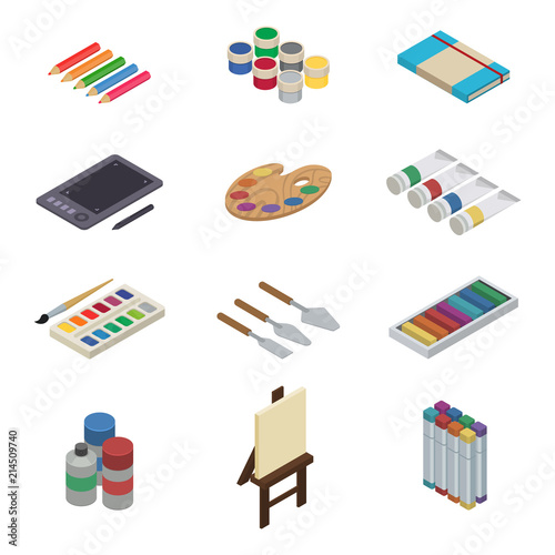 Artist tools vector watercolor with paintbrushes palette and color paints on canvas for artwork in art studio illustration artistic painting isometric set isolated on white background