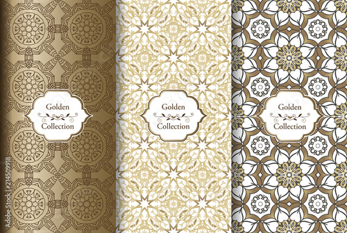Collection of Ethnic and Damask Seamless Patterns. Victorian damask seamless pattern. Golden vintage design elements. Elegant Decorative ornament for wallpaper, fabric, paper, invitation.